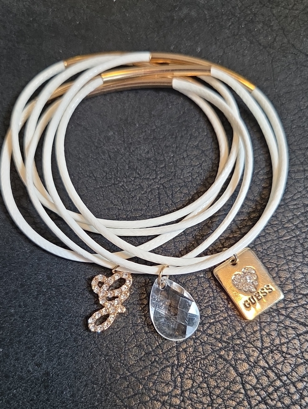 Vintage GUESS White Faux Leather Stack Bracelets with Charms *Set Of 6*